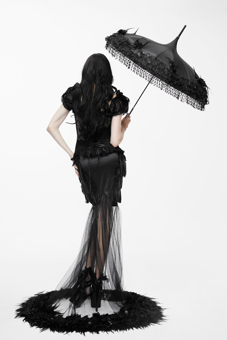 Gothic Lolita Skirt - Mesh Fishtail Flower Feather Hem, Black, Fishtail Silhouette - additional product view 5