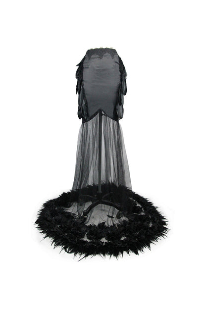 Gothic Lolita Skirt - Mesh Fishtail Flower Feather Hem, Black, Fishtail Silhouette - additional product view 6