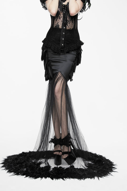 Gothic Lolita Skirt - Mesh Fishtail Flower Feather Hem, Black, Fishtail Silhouette - main product image