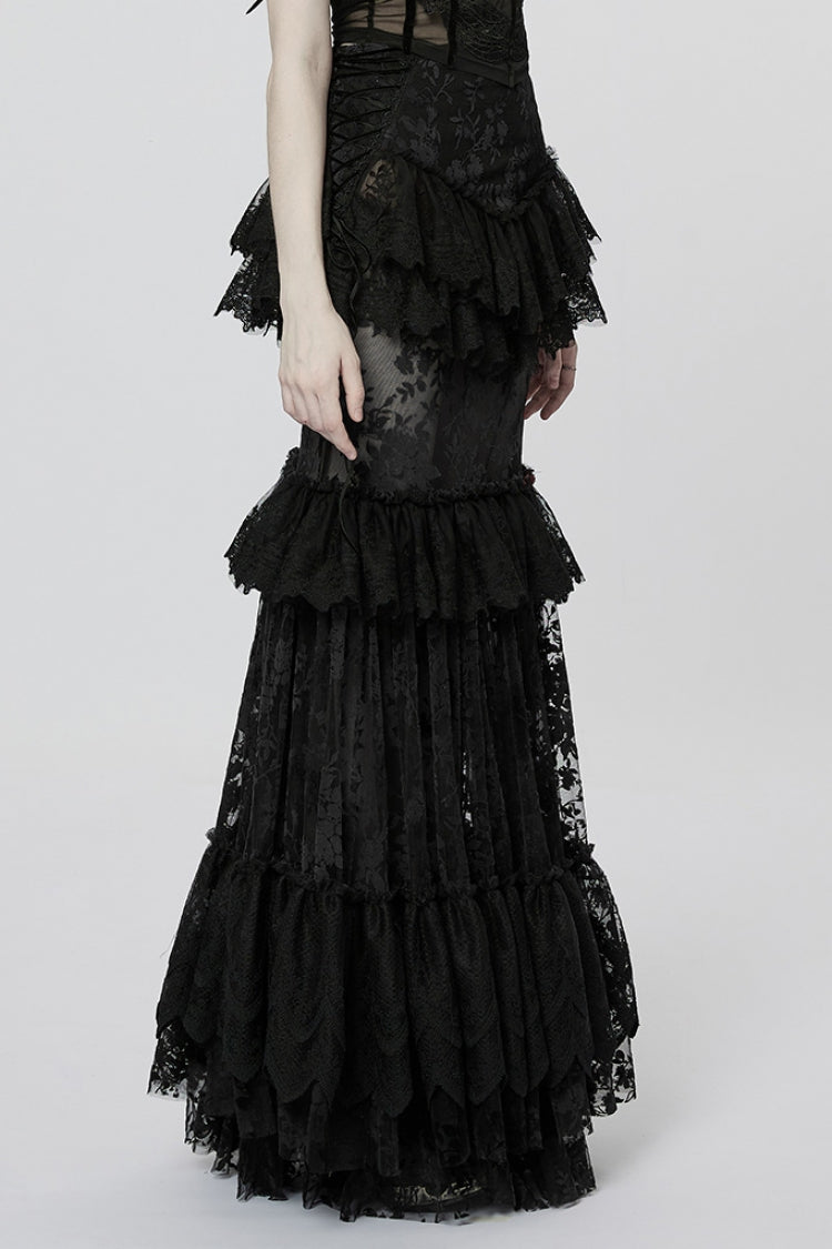 Gothic Lolita Skirt - Multi-layer Print, Black, Women's Style, Printed, Lace Trim - additional product view 2