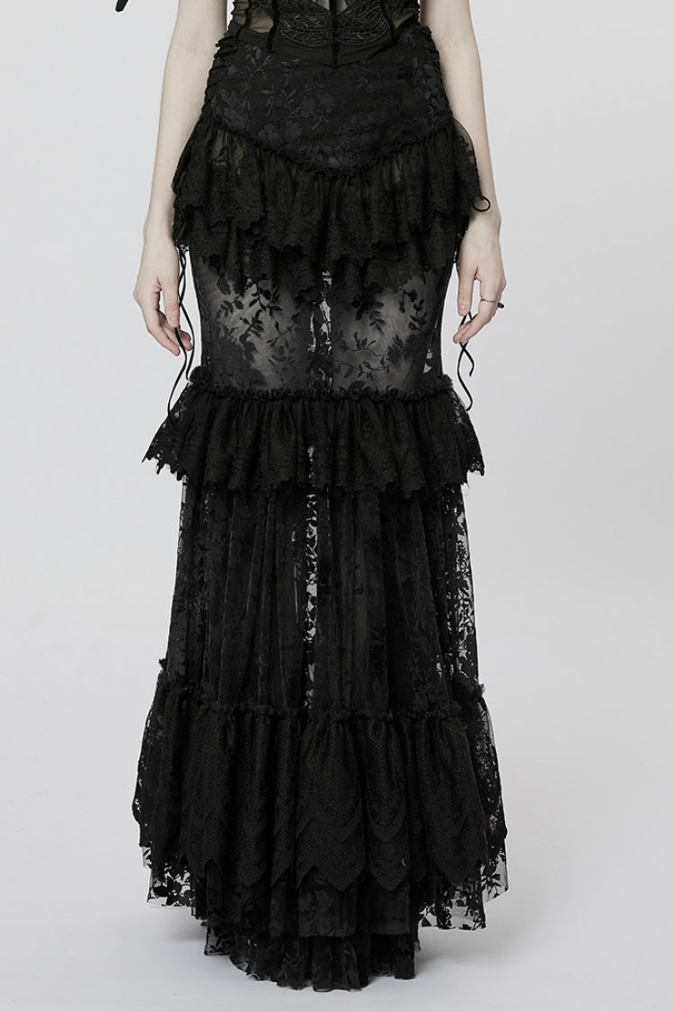 Gothic Lolita Skirt - Multi-layer Print, Black, Women's Style, Printed, Lace Trim - main product image
