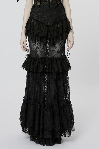 Gothic Lolita Skirt - Multi-layer Print, Black, Women's Style, Printed, Lace Trim - main product image