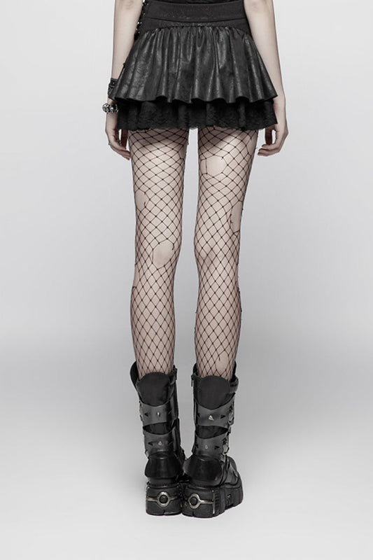 Gothic Lolita Skirt - Multi-layer PU Leather Stitching, Black, Women's Style, Lace Trim - additional product view 2