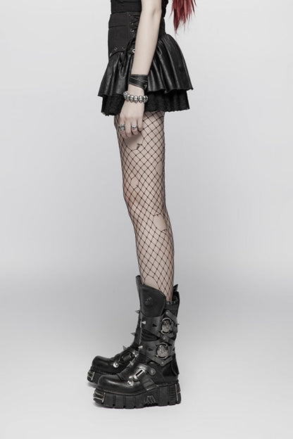 Gothic Lolita Skirt - Multi-layer PU Leather Stitching, Black, Women's Style, Lace Trim - additional product view 3