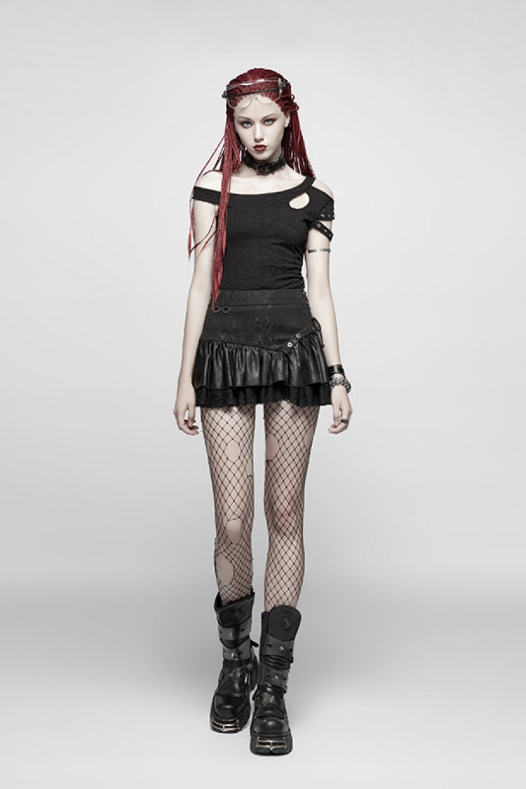 Gothic Lolita Skirt - Multi-layer PU Leather Stitching, Black, Women's Style, Lace Trim - additional product view 4