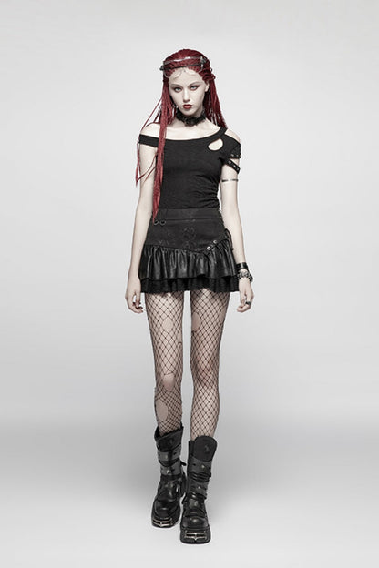 Gothic Lolita Skirt - Multi-layer PU Leather Stitching, Black, Women's Style, Lace Trim - additional product view 4