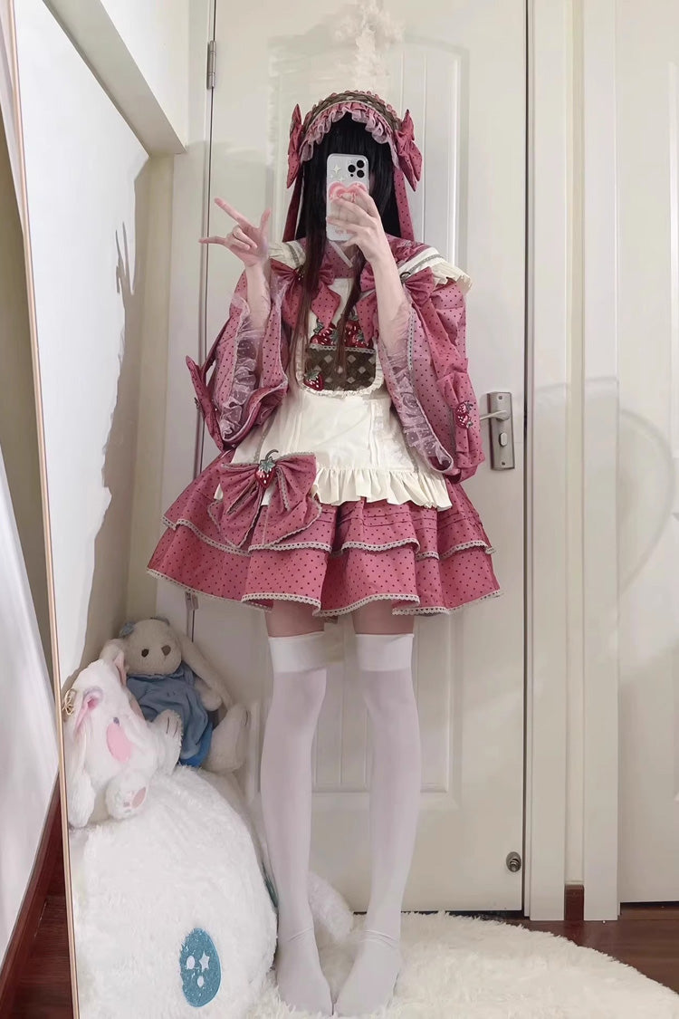 Gothic Lolita Skirt - Multi-layer Strawberry Polka Dot, Pink, Sweet Style, Bow Detail - additional product view 3