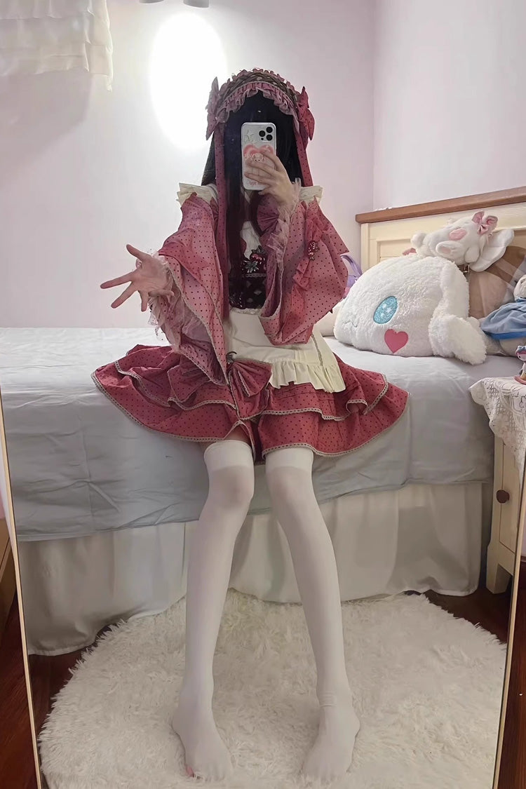 Gothic Lolita Skirt - Multi-layer Strawberry Polka Dot, Pink, Sweet Style, Bow Detail - additional product view 4