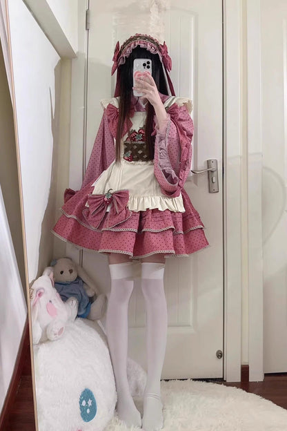 Gothic Lolita Skirt - Multi-layer Strawberry Polka Dot, Pink, Sweet Style, Bow Detail - main product image