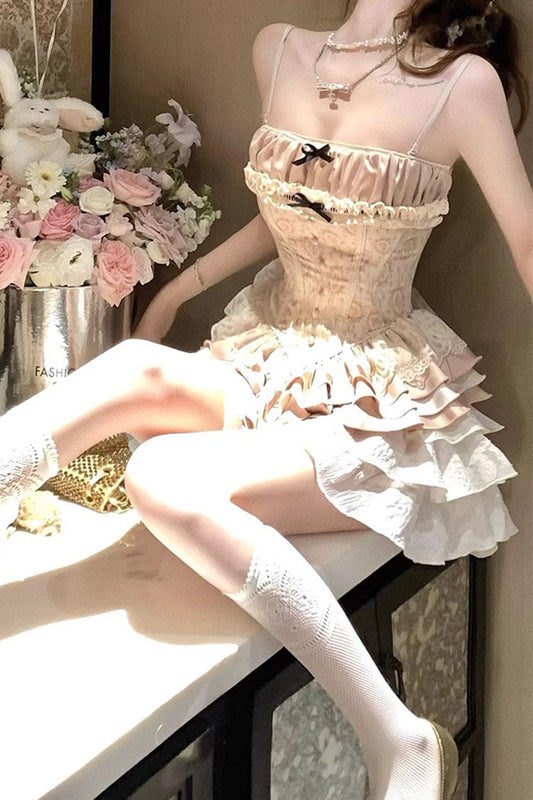 Gothic Lolita Skirt - Multi-layered Print, Apricot, Sweet Style, Bow Detail, Ruffled - additional product view 2