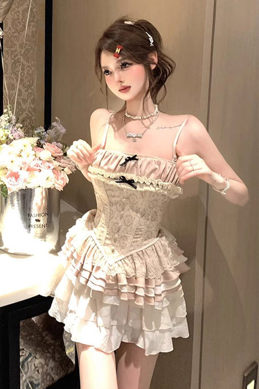 Gothic Lolita Skirt - Multi-layered Print, Apricot, Sweet Style, Bow Detail, Ruffled - main product image