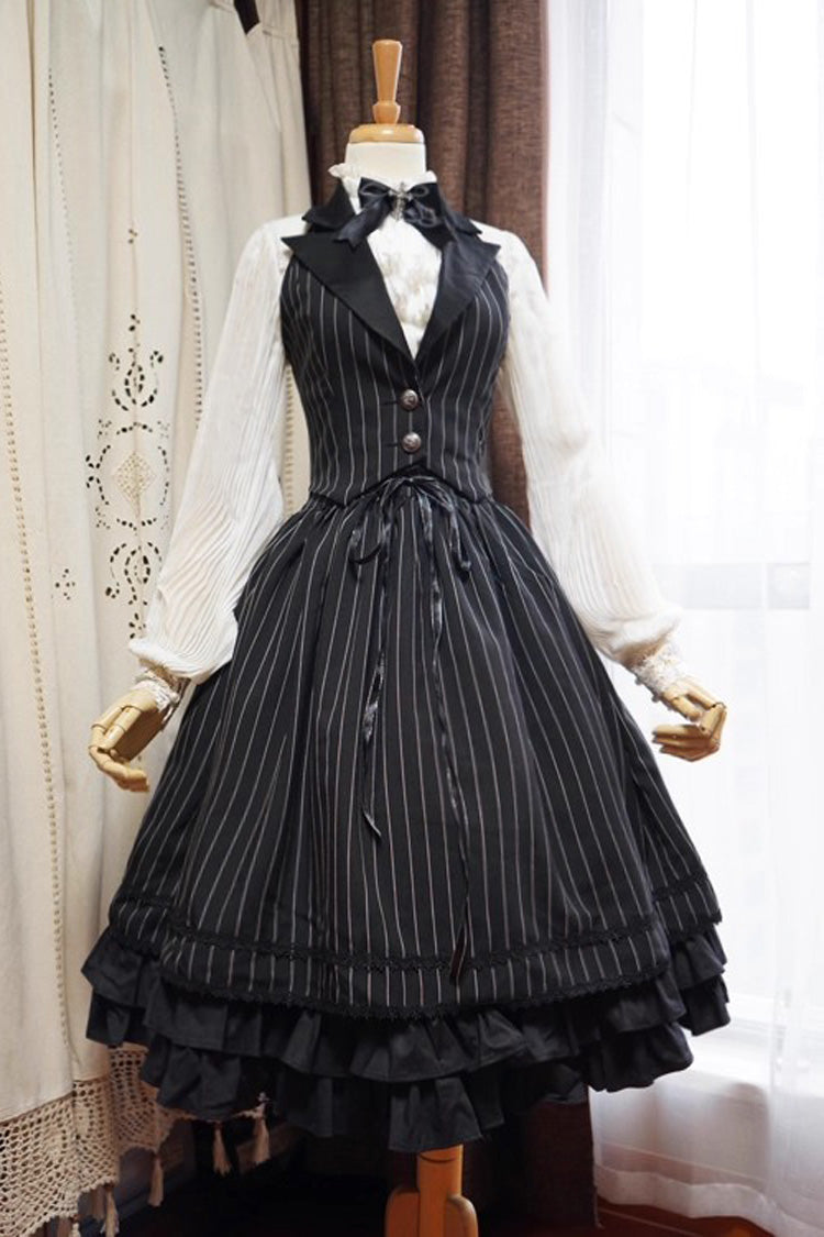 Gothic Lolita Skirt - Multi-layered Stripe Print, Black, Striped, Printed, Lace-Up - additional product view 3