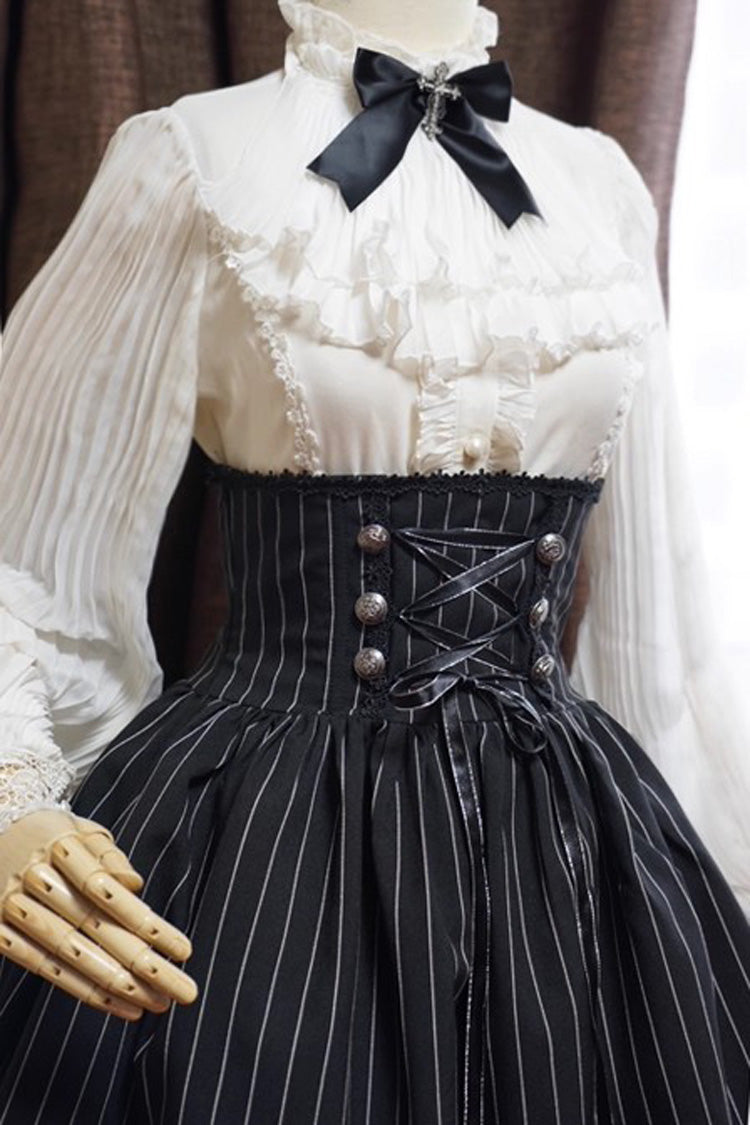 Gothic Lolita Skirt - Multi-layered Stripe Print, Black, Striped, Printed, Lace-Up - additional product view 7