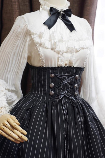 Gothic Lolita Skirt - Multi-layered Stripe Print, Black, Striped, Printed, Lace-Up - additional product view 7