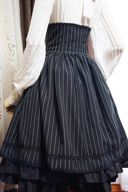 Gothic Lolita Skirt - Multi-layered Stripe Print, Black, Striped, Printed, Lace-Up - additional product view 8