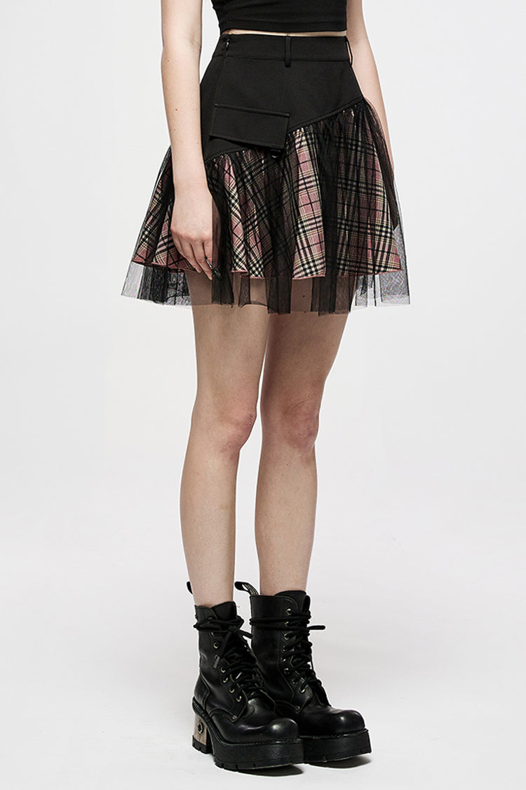 Gothic Lolita Skirt - Pink/black Cotton Splicing Mesh, 2 Colors, Plaid, Short Length - additional product view 2