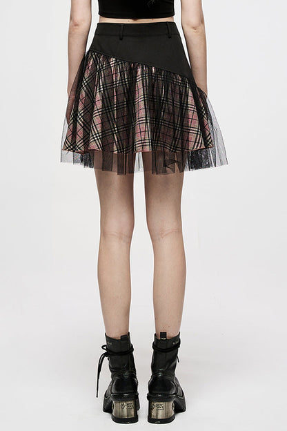 Gothic Lolita Skirt - Pink/black Cotton Splicing Mesh, 2 Colors, Plaid, Short Length - additional product view 3