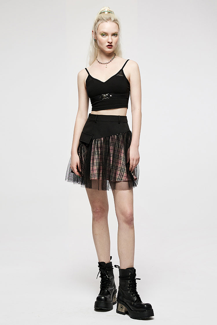 Gothic Lolita Skirt - Pink/black Cotton Splicing Mesh, 2 Colors, Plaid, Short Length - additional product view 4