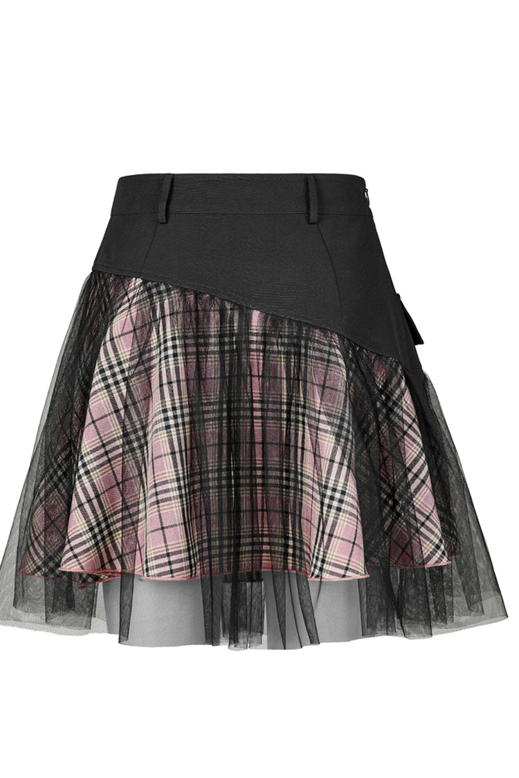 Gothic Lolita Skirt - Pink/black Cotton Splicing Mesh, 2 Colors, Plaid, Short Length - additional product view 5