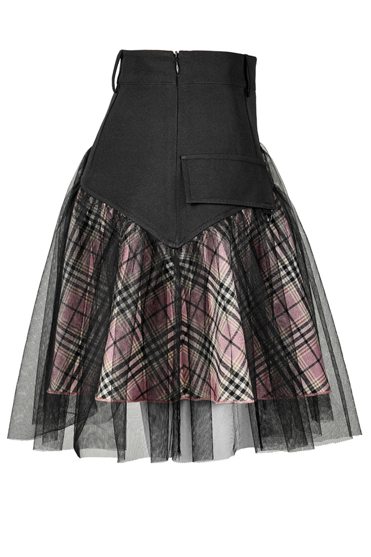 Gothic Lolita Skirt - Pink/black Cotton Splicing Mesh, 2 Colors, Plaid, Short Length - additional product view 6