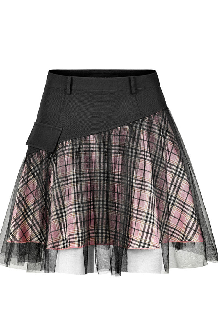 Gothic Lolita Skirt - Pink/black Cotton Splicing Mesh, 2 Colors, Plaid, Short Length - additional product view 7