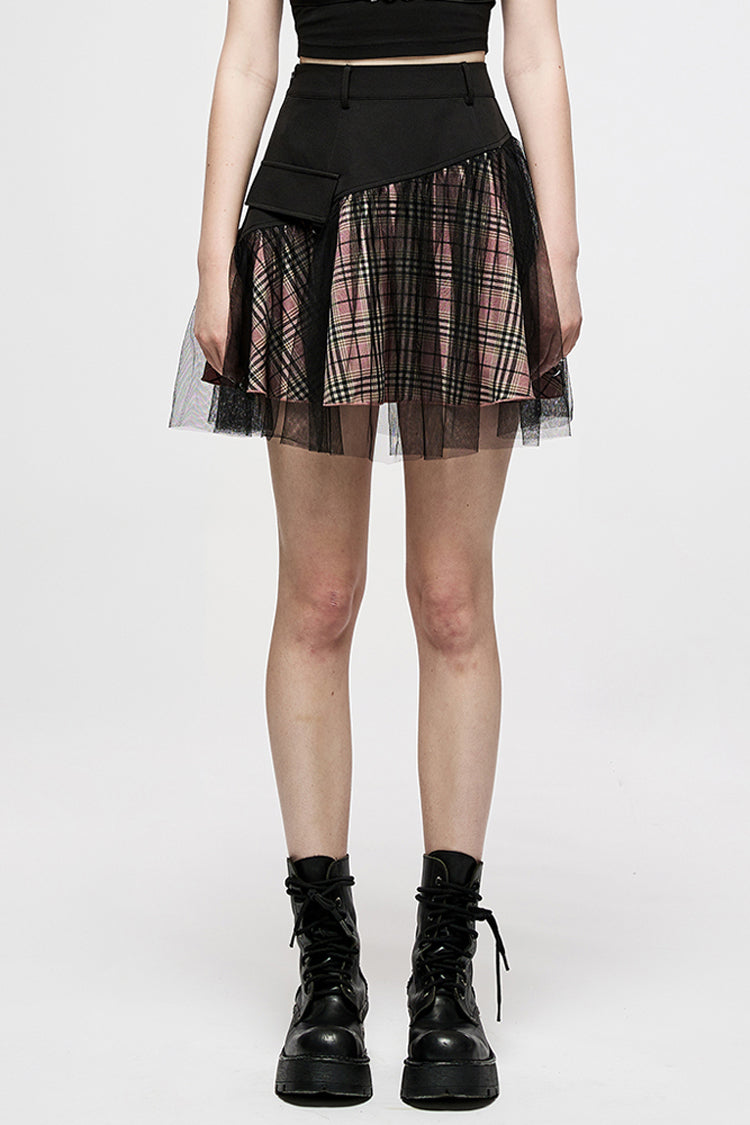 Gothic Lolita Skirt - Pink/black Cotton Splicing Mesh, 2 Colors, Plaid, Short Length - main product image