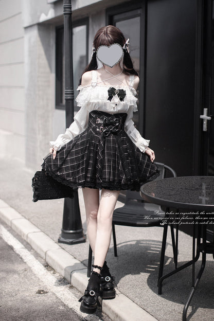 Gothic Lolita Skirt - Plaid Print, Black, Plaid, Bow Detail, Printed - additional product view 2