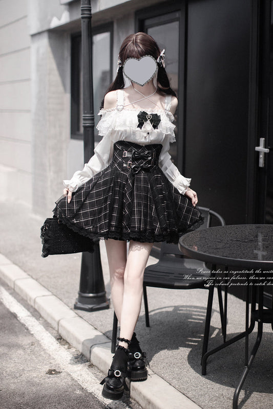 Gothic Lolita Skirt - Plaid Print, Black, Plaid, Bow Detail, Printed - additional product view 2