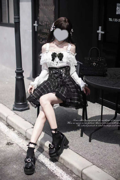 Gothic Lolita Skirt - Plaid Print, Black, Plaid, Bow Detail, Printed - additional product view 7