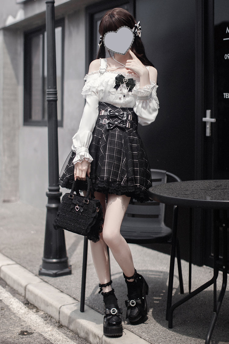 Gothic Lolita Skirt - Plaid Print, Black, Plaid, Bow Detail, Printed - main product image