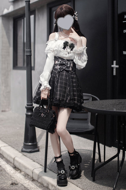 Gothic Lolita Skirt - Plaid Print, Black, Plaid, Bow Detail, Printed - main product image