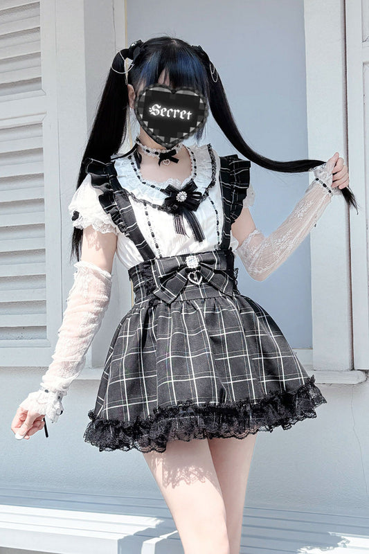 Gothic Lolita Skirt - Plaid Print, Black, Plaid, Printed, Bow Detail - main product image