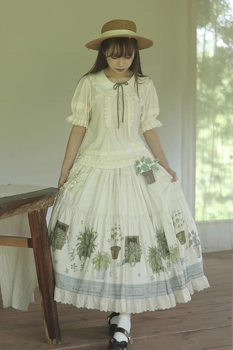 Gothic Lolita Skirt - Potted Plant, Ivory, Ruffled, Printed, Sweet Style - main product image