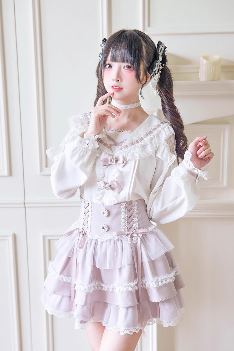Gothic Lolita Skirt - Print Ruffle Lace Lace-up, 3 Colors, Striped, Lace Trim, Ruffled - additional product view 2