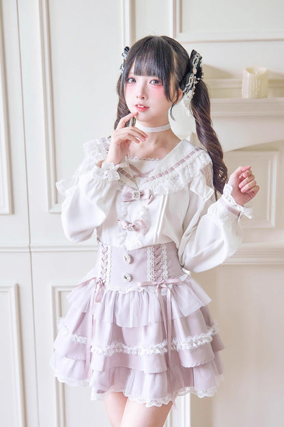 Gothic Lolita Skirt - Print Ruffle Lace Lace-up, 3 Colors, Striped, Lace Trim, Ruffled - additional product view 2