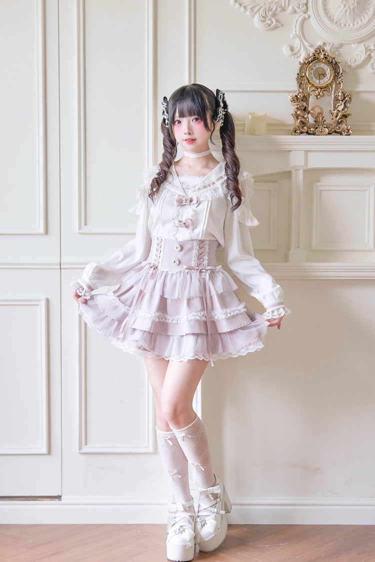 Gothic Lolita Skirt - Print Ruffle Lace Lace-up, 3 Colors, Striped, Lace Trim, Ruffled - additional product view 3