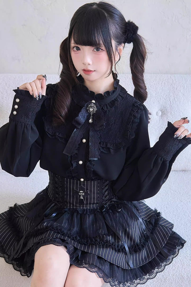 Gothic Lolita Skirt - Print Ruffle Lace Lace-up, 3 Colors, Striped, Lace Trim, Ruffled - additional product view 5