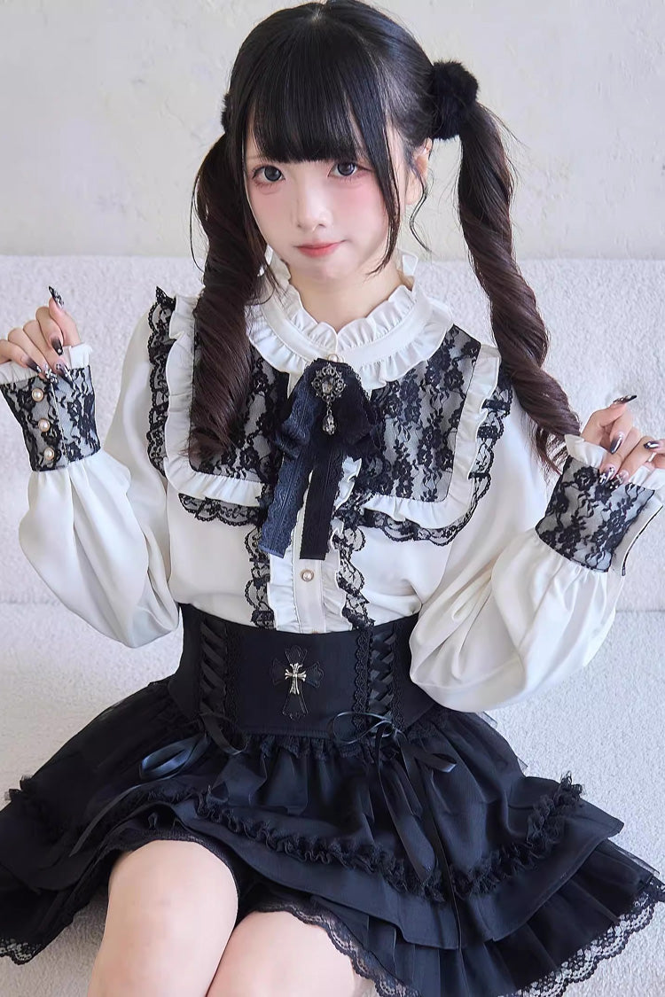 Gothic Lolita Skirt - Print Ruffle Lace Lace-up, 3 Colors, Striped, Lace Trim, Ruffled - additional product view 7