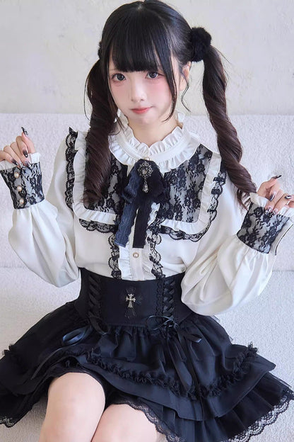 Gothic Lolita Skirt - Print Ruffle Lace Lace-up, 3 Colors, Striped, Lace Trim, Ruffled - additional product view 7