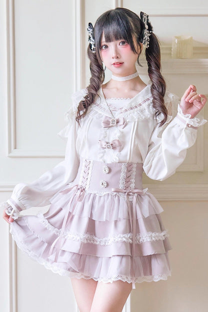 Gothic Lolita Skirt - Print Ruffle Lace Lace-up, 3 Colors, Striped, Lace Trim, Ruffled - main product image