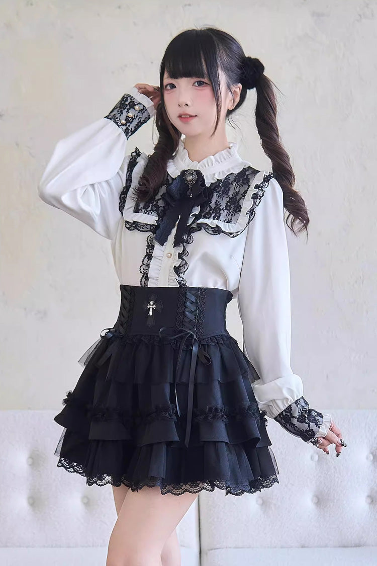 Gothic Lolita Skirt - Print Ruffle Lace Lace-up, 3 Colors, Striped, Lace Trim, Ruffled - S Black Striped Print / M Black Striped Print / L Black Striped Print option