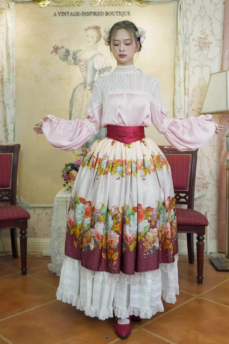 Gothic Lolita Skirt - Rainy Season Garden, Red, Ruffled, Printed, Sweet Style - additional product view 4