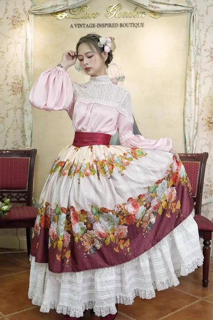 Gothic Lolita Skirt - Rainy Season Garden, Red, Ruffled, Printed, Sweet Style - main product image