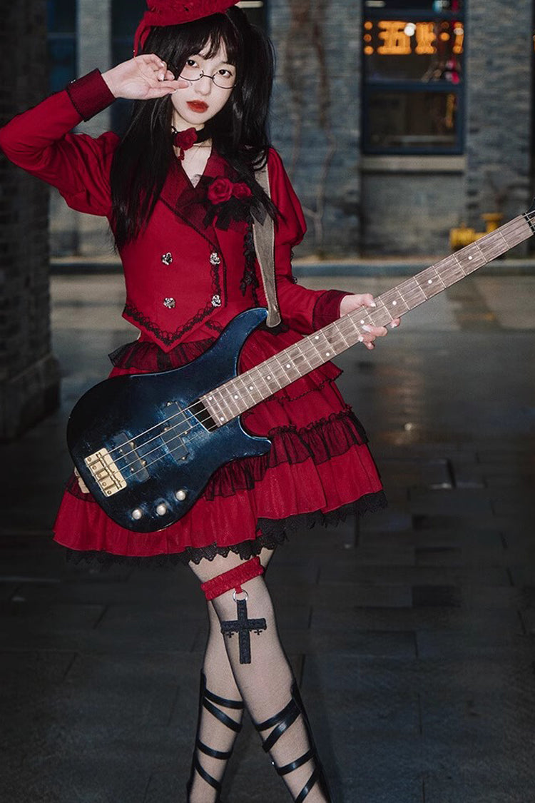 Gothic Lolita Skirt - Removable Corsage, Red, Punk Style, Long Sleeves - additional product view 2