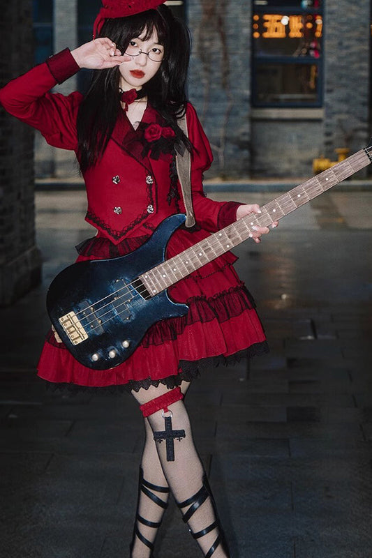 Gothic Lolita Skirt - Removable Corsage, Red, Punk Style, Long Sleeves - additional product view 2