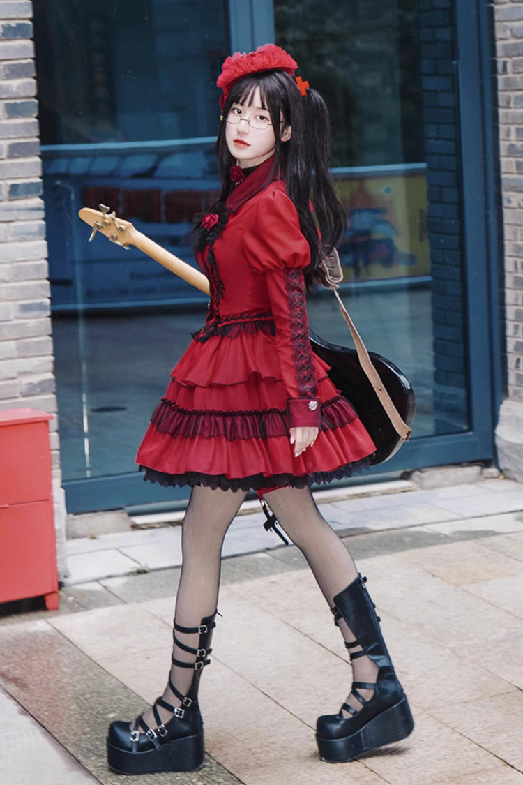 Gothic Lolita Skirt - Removable Corsage, Red, Punk Style, Long Sleeves - additional product view 3