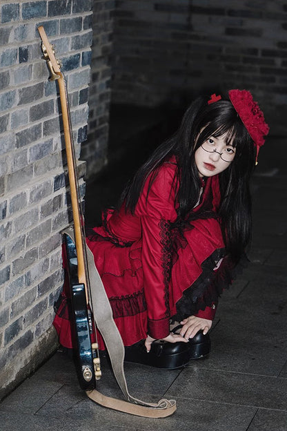 Gothic Lolita Skirt - Removable Corsage, Red, Punk Style, Long Sleeves - additional product view 4