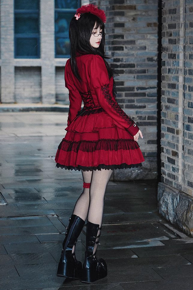 Gothic Lolita Skirt - Removable Corsage, Red, Punk Style, Long Sleeves - additional product view 6