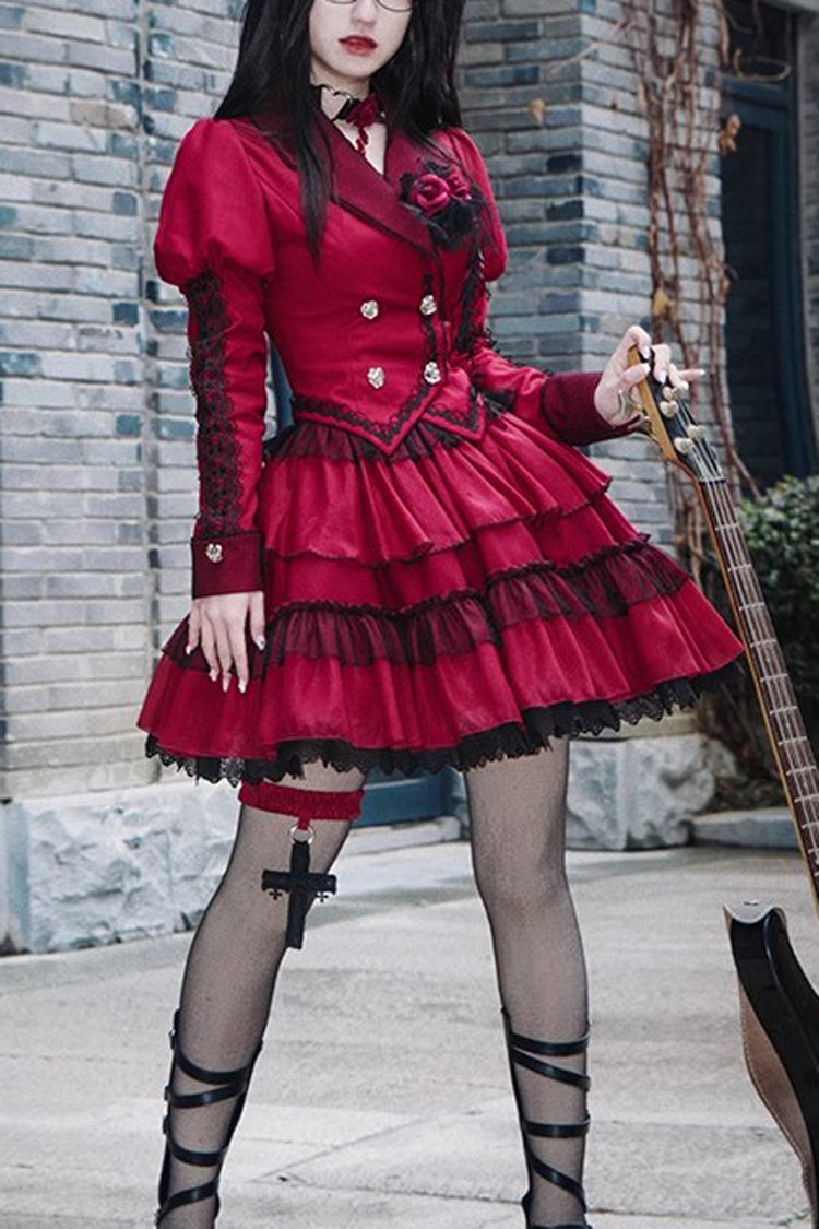 Gothic Lolita Skirt - Removable Corsage, Red, Punk Style, Long Sleeves - main product image