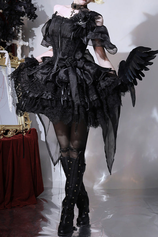 Gothic Lolita Skirt - Rose Memoirs, Black, Lace Trim, Layered, Bow Detail - additional product view 2
